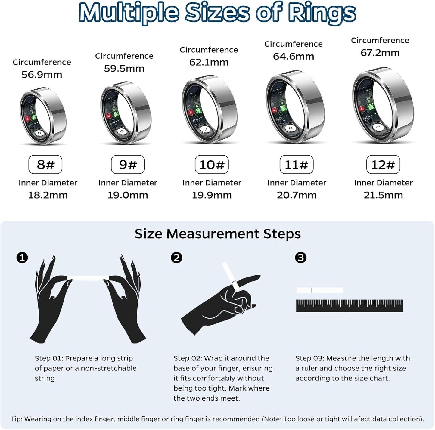 Smart Health Tracking Ring with Sleep Monitoring, Heart Rate Monitoring, and Activity Tracking Features, Waterproof Design, Gesture Control, 7-Day Battery Life, Compatible with iOS and Android (Silver, Size #8)