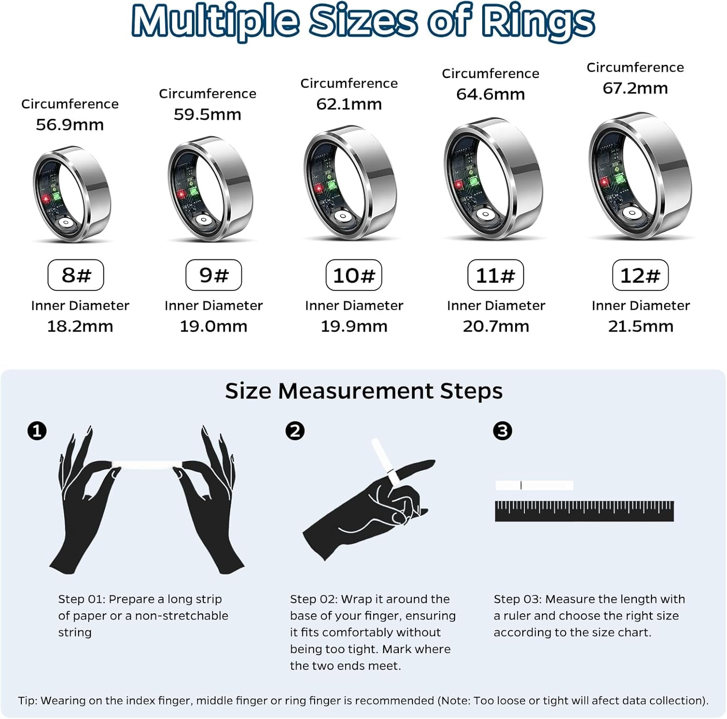 Smart Health Tracking Ring with Sleep Monitoring, Heart Rate Monitoring, and Activity Tracking Features, Waterproof Design, Gesture Control, 7-Day Battery Life, Compatible with iOS and Android (Silver, Size #8)