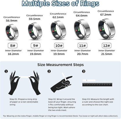 Smart Health Tracking Ring with Sleep Monitoring, Heart Rate Monitoring, and Activity Tracking Features, Waterproof Design, Gesture Control, 7-Day Battery Life, Compatible with iOS and Android (Silver, Size #8)