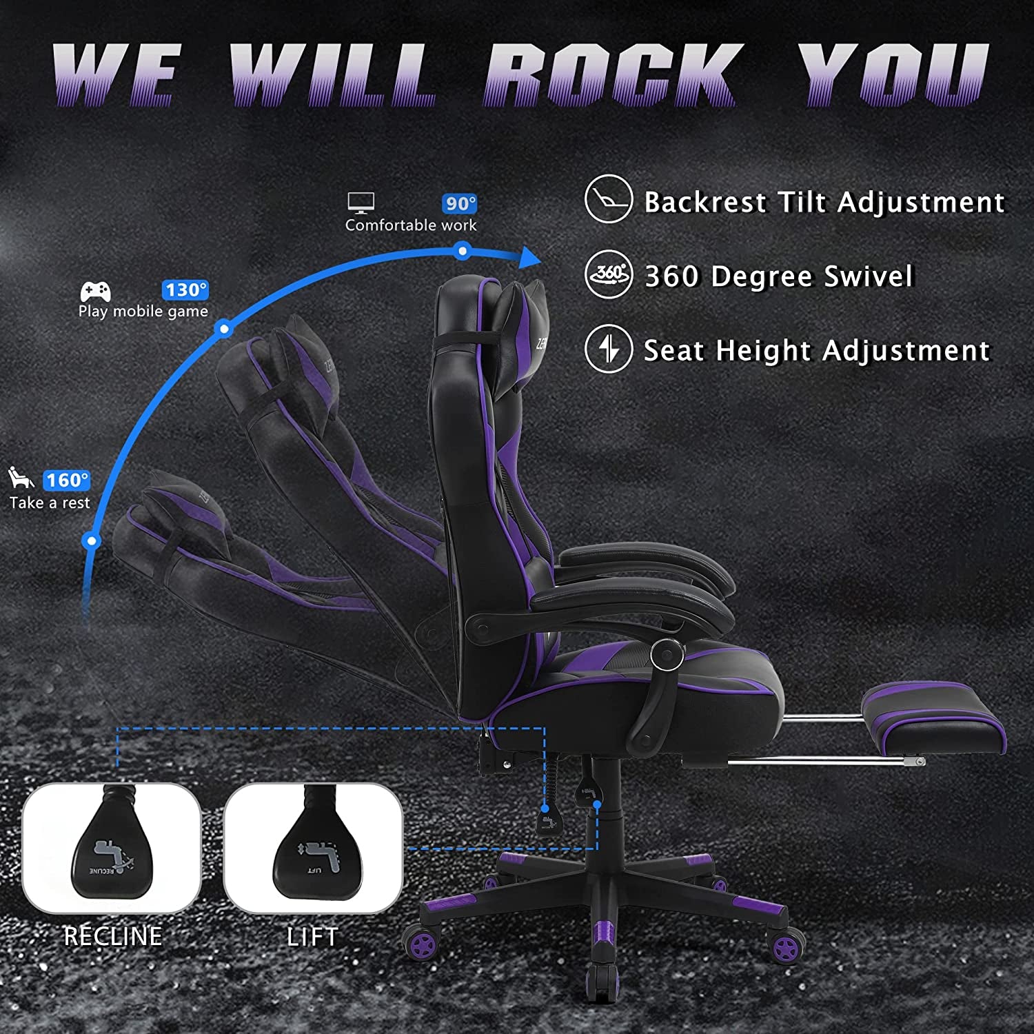 Purple Reclining Computer Chair with Footrest, High Back Gamer Chair with Massage, Large Racing Style Desk Chair for Gaming, Big and Tall Gaming Chairs for Adults